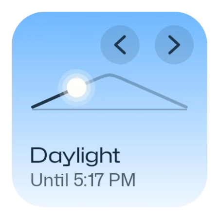 Light phases widget, small: daylight until 5:17 PM, with arrows to step through the day's phases.