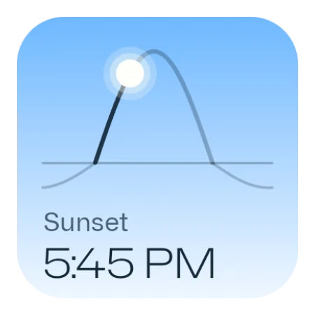Sun arc widget, small: today's arc for Jakarta with the sun climbing, and sunset at 5:45 PM.